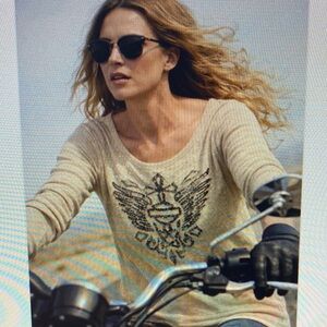 Harley-Davidson Beige Long Sleeve Scoop Neck Top with Black Wing Graphic